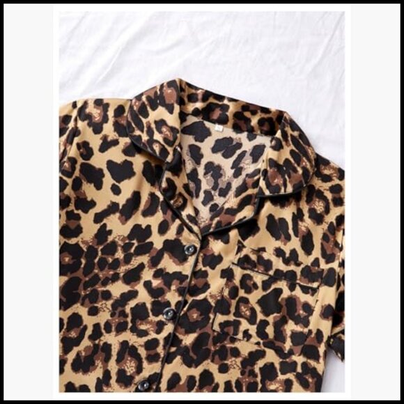 3 Piece Leopard Print Pajama Set Short Sleeve Button Down Shirt Shorts - Picture 4 of 5